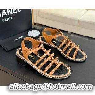 Popular Style Chanel Calfskin Heel Sandals 5.5cm with Chain Tan Yellow 722039