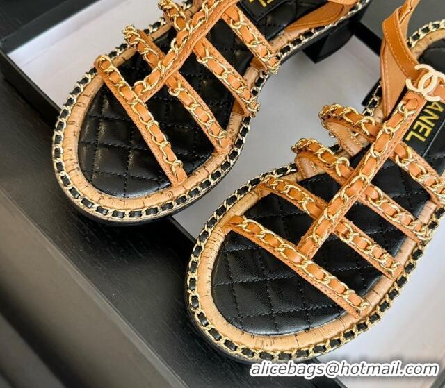 Popular Style Chanel Calfskin Heel Sandals 5.5cm with Chain Tan Yellow 722039