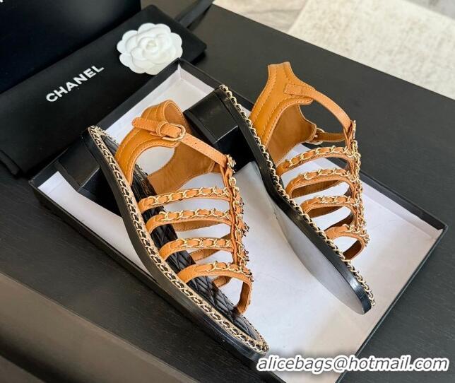 Popular Style Chanel Calfskin Heel Sandals 5.5cm with Chain Tan Yellow 722039