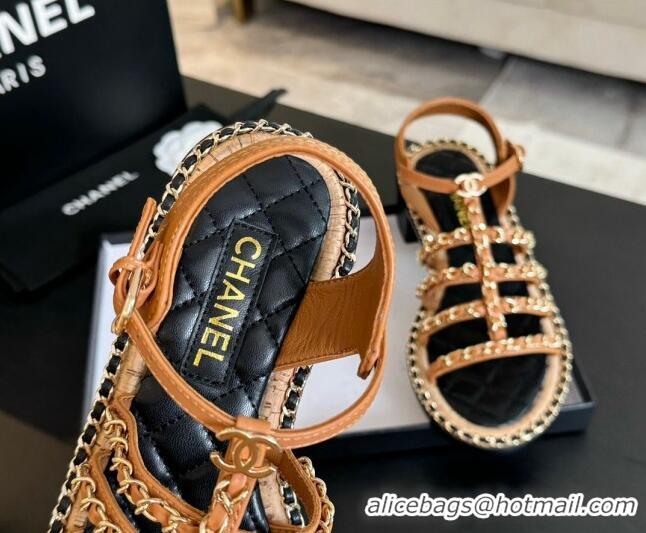 Popular Style Chanel Calfskin Heel Sandals 5.5cm with Chain Tan Yellow 722039