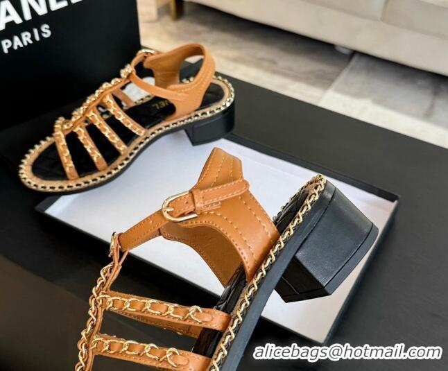 Popular Style Chanel Calfskin Heel Sandals 5.5cm with Chain Tan Yellow 722039