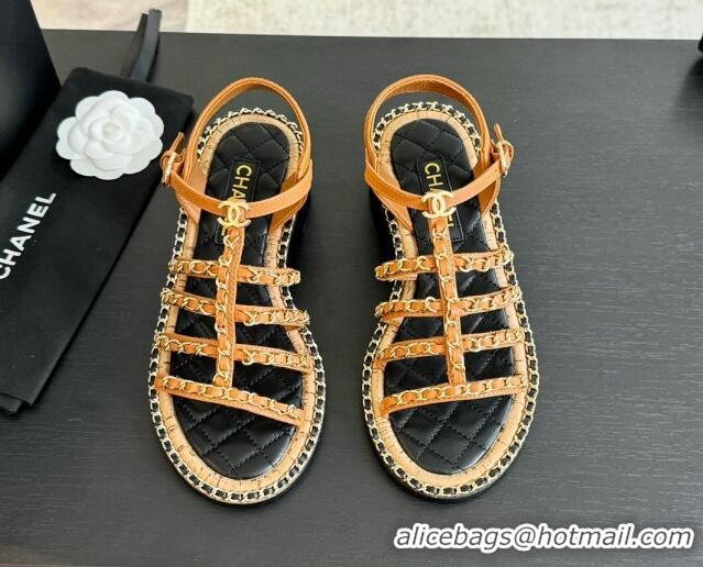 Popular Style Chanel Calfskin Heel Sandals 5.5cm with Chain Tan Yellow 722039