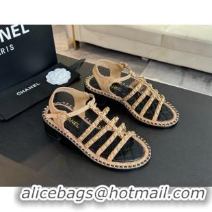 Classic Hot Chanel Calfskin Heel Sandals 5.5cm with Chain Beige 722040