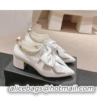 Top Grade Chanel Calfskin Pumps 5.5cm with Maxi-Bow and Pearls White 722041