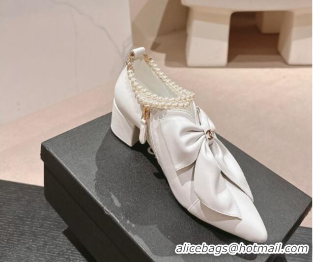 Top Grade Chanel Calfskin Pumps 5.5cm with Maxi-Bow and Pearls White 722041