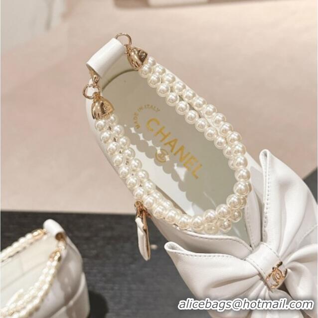 Top Grade Chanel Calfskin Pumps 5.5cm with Maxi-Bow and Pearls White 722041