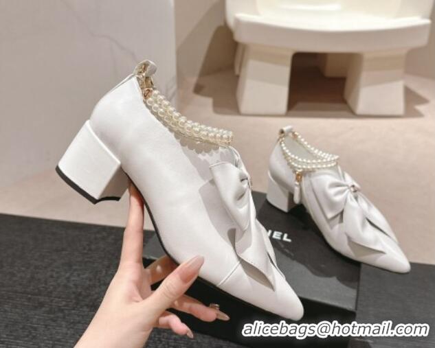 Top Grade Chanel Calfskin Pumps 5.5cm with Maxi-Bow and Pearls White 722041