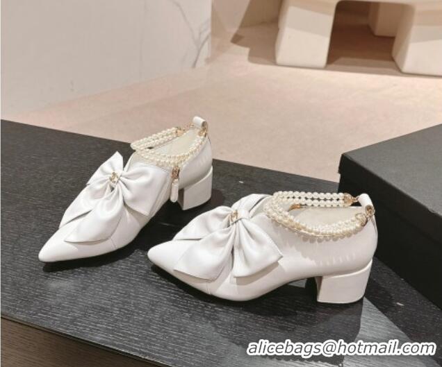 Top Grade Chanel Calfskin Pumps 5.5cm with Maxi-Bow and Pearls White 722041