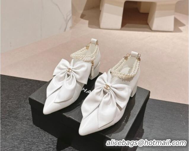 Top Grade Chanel Calfskin Pumps 5.5cm with Maxi-Bow and Pearls White 722041