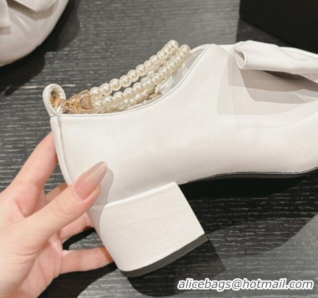 Top Grade Chanel Calfskin Pumps 5.5cm with Maxi-Bow and Pearls White 722041