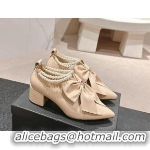 Luxurious Chanel Calfskin Pumps 5.5cm with Maxi-Bow and Pearls Beige 722042