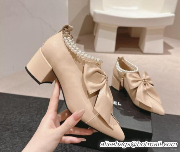 Luxurious Chanel Calfskin Pumps 5.5cm with Maxi-Bow and Pearls Beige 722042