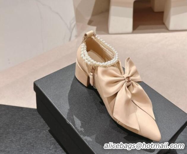 Luxurious Chanel Calfskin Pumps 5.5cm with Maxi-Bow and Pearls Beige 722042