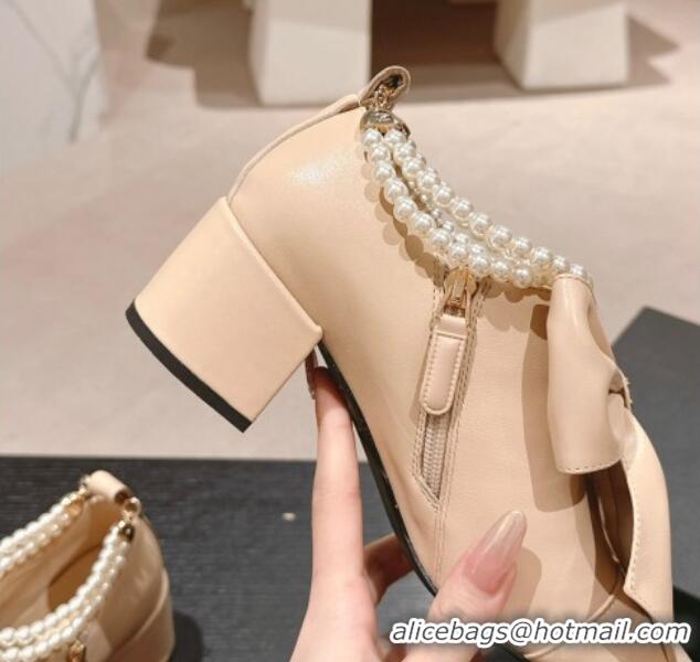 Luxurious Chanel Calfskin Pumps 5.5cm with Maxi-Bow and Pearls Beige 722042