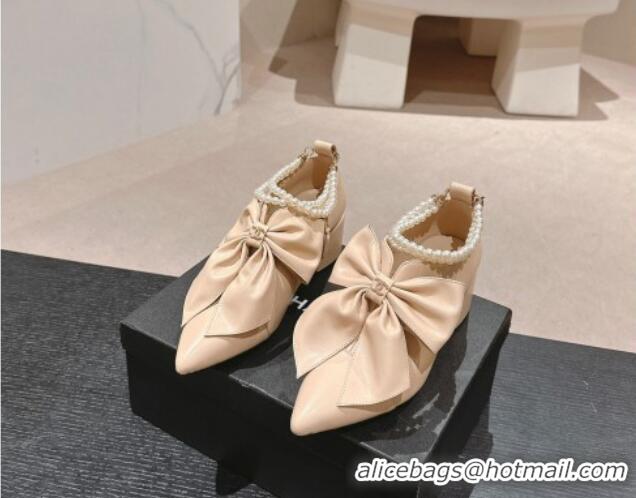 Luxurious Chanel Calfskin Pumps 5.5cm with Maxi-Bow and Pearls Beige 722042