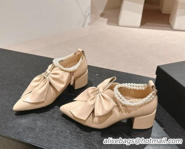 Luxurious Chanel Calfskin Pumps 5.5cm with Maxi-Bow and Pearls Beige 722042