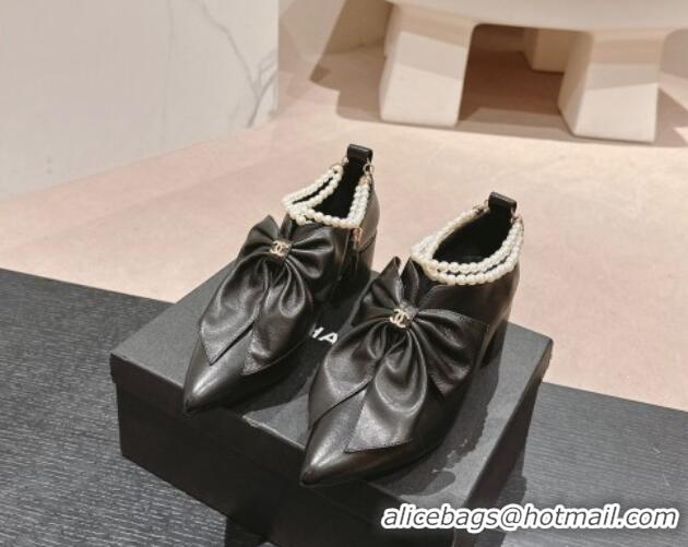 Popular Style Chanel Calfskin Pumps 5.5cm with Maxi-Bow and Pearls Black 722043