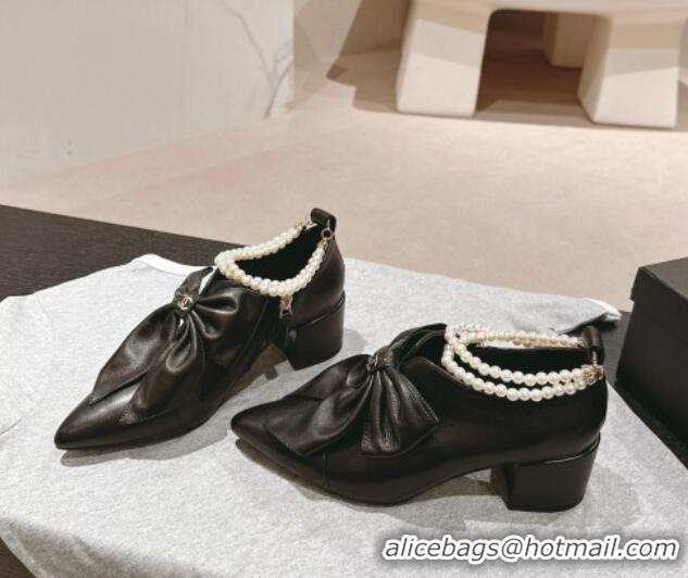 Popular Style Chanel Calfskin Pumps 5.5cm with Maxi-Bow and Pearls Black 722043