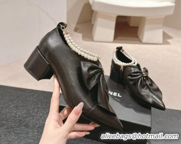 Popular Style Chanel Calfskin Pumps 5.5cm with Maxi-Bow and Pearls Black 722043