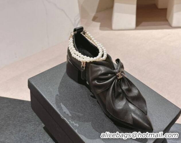 Popular Style Chanel Calfskin Pumps 5.5cm with Maxi-Bow and Pearls Black 722043