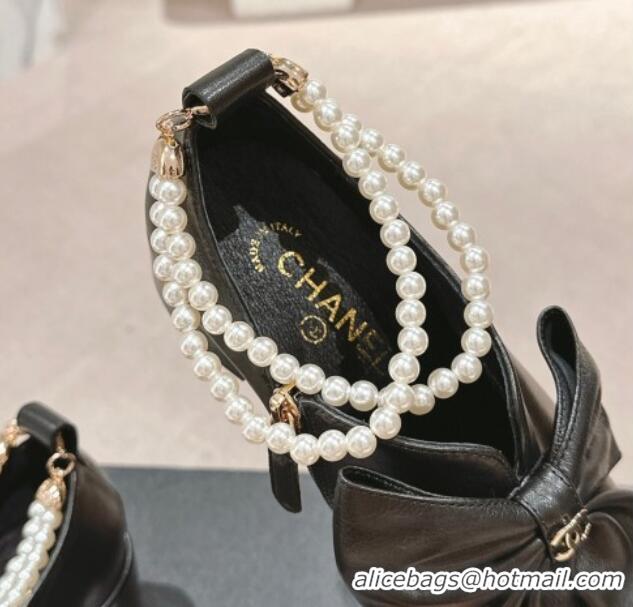 Popular Style Chanel Calfskin Pumps 5.5cm with Maxi-Bow and Pearls Black 722043