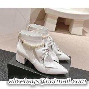 Top Grade Chanel Calfskin Heel Ankle Boots 5.5cm with Maxi-Bow and Pearls White 722044