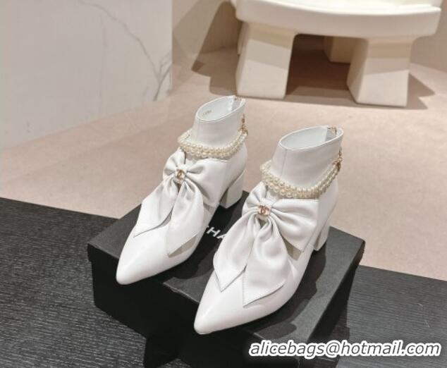 Top Grade Chanel Calfskin Heel Ankle Boots 5.5cm with Maxi-Bow and Pearls White 722044