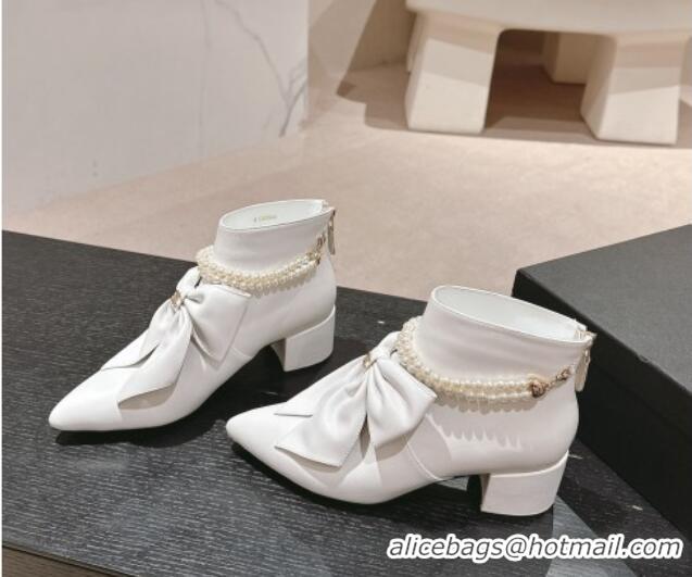 Top Grade Chanel Calfskin Heel Ankle Boots 5.5cm with Maxi-Bow and Pearls White 722044