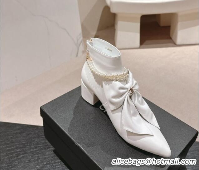 Top Grade Chanel Calfskin Heel Ankle Boots 5.5cm with Maxi-Bow and Pearls White 722044