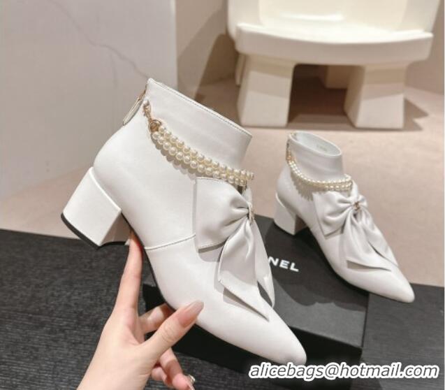 Top Grade Chanel Calfskin Heel Ankle Boots 5.5cm with Maxi-Bow and Pearls White 722044