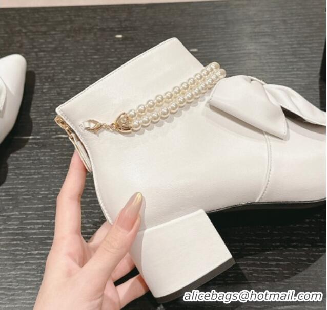 Top Grade Chanel Calfskin Heel Ankle Boots 5.5cm with Maxi-Bow and Pearls White 722044