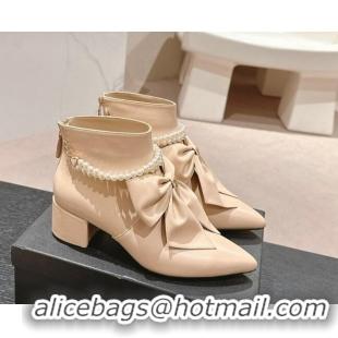 Good Quality Chanel Calfskin Heel Ankle Boots 5.5cm with Maxi-Bow and Pearls Beige 722045