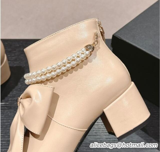 Good Quality Chanel Calfskin Heel Ankle Boots 5.5cm with Maxi-Bow and Pearls Beige 722045