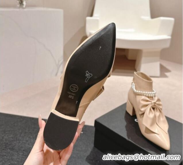 Good Quality Chanel Calfskin Heel Ankle Boots 5.5cm with Maxi-Bow and Pearls Beige 722045