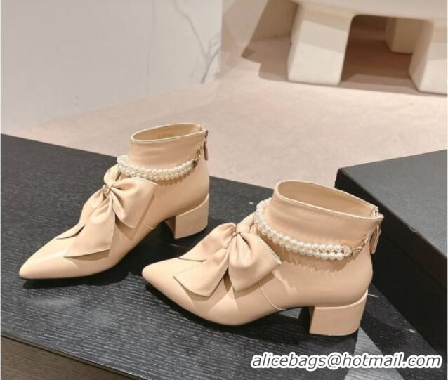 Good Quality Chanel Calfskin Heel Ankle Boots 5.5cm with Maxi-Bow and Pearls Beige 722045