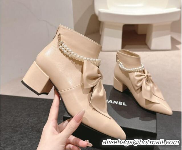 Good Quality Chanel Calfskin Heel Ankle Boots 5.5cm with Maxi-Bow and Pearls Beige 722045