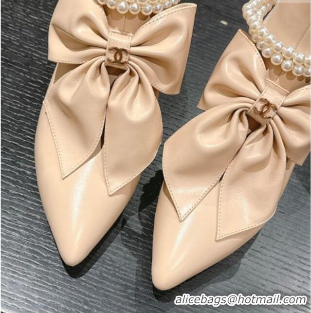 Good Quality Chanel Calfskin Heel Ankle Boots 5.5cm with Maxi-Bow and Pearls Beige 722045