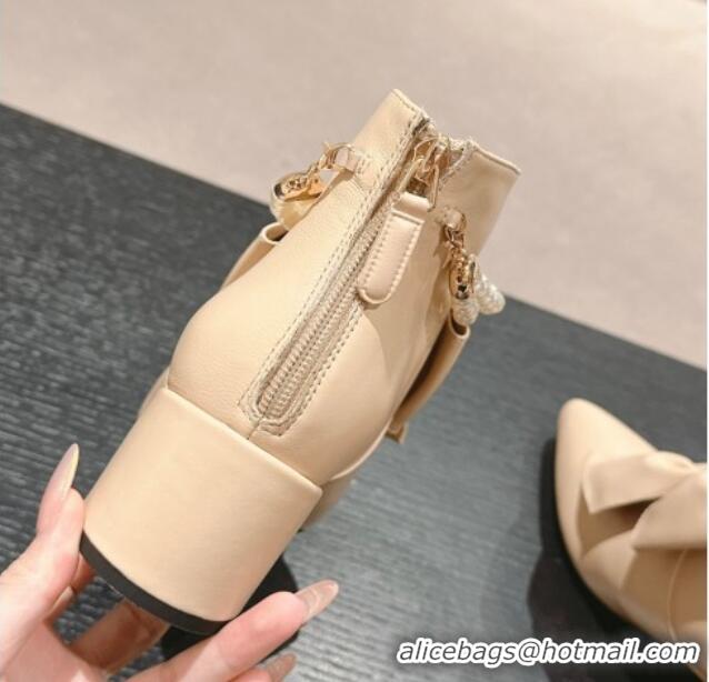 Good Quality Chanel Calfskin Heel Ankle Boots 5.5cm with Maxi-Bow and Pearls Beige 722045