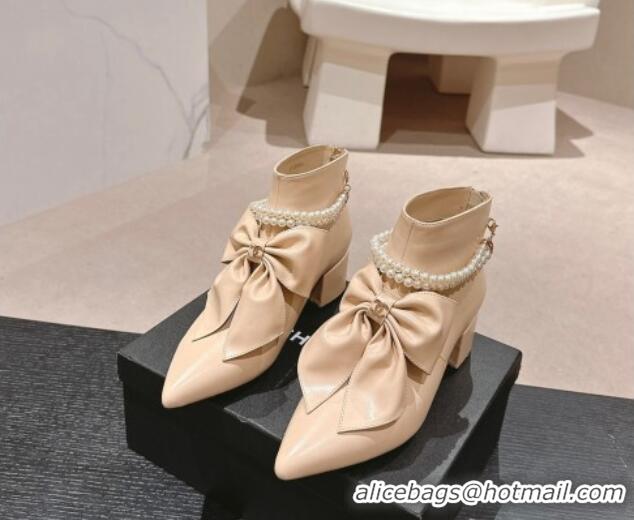 Good Quality Chanel Calfskin Heel Ankle Boots 5.5cm with Maxi-Bow and Pearls Beige 722045