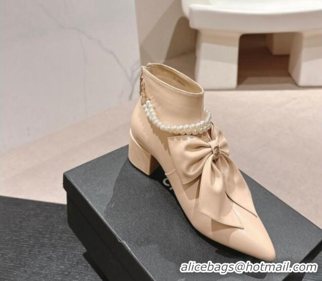 Good Quality Chanel Calfskin Heel Ankle Boots 5.5cm with Maxi-Bow and Pearls Beige 722045