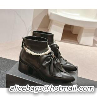 Grade Quality Chanel Calfskin Heel Ankle Boots 5.5cm with Maxi-Bow and Pearls Black 722046