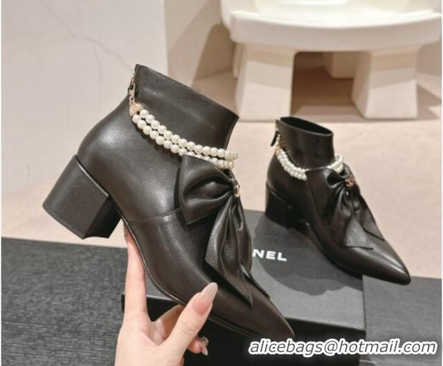 Grade Quality Chanel Calfskin Heel Ankle Boots 5.5cm with Maxi-Bow and Pearls Black 722046