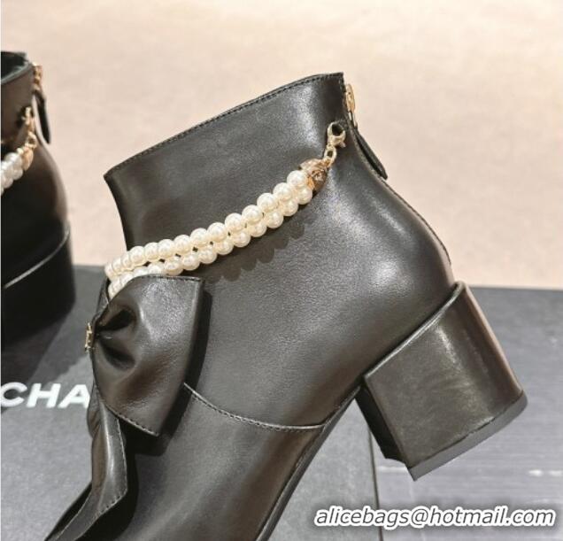 Grade Quality Chanel Calfskin Heel Ankle Boots 5.5cm with Maxi-Bow and Pearls Black 722046