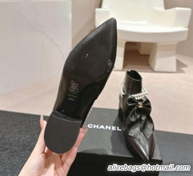 Grade Quality Chanel Calfskin Heel Ankle Boots 5.5cm with Maxi-Bow and Pearls Black 722046