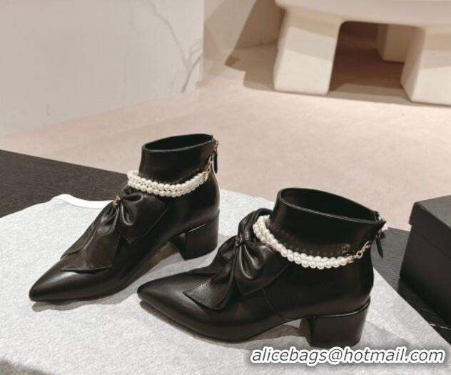 Grade Quality Chanel Calfskin Heel Ankle Boots 5.5cm with Maxi-Bow and Pearls Black 722046