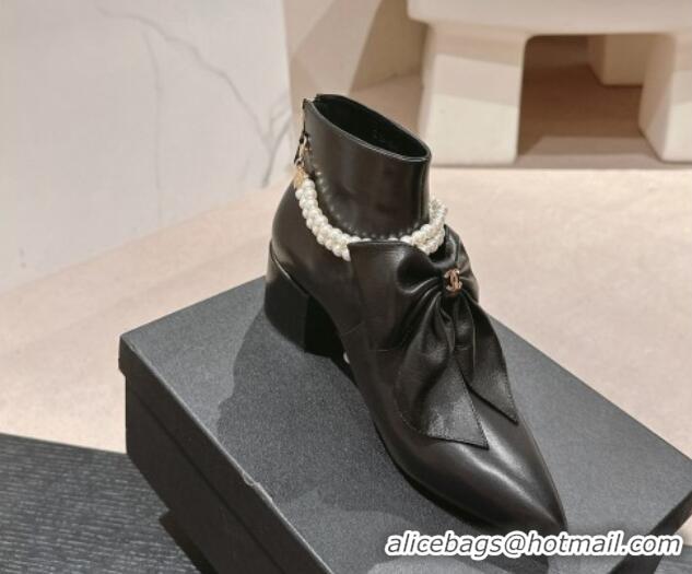 Grade Quality Chanel Calfskin Heel Ankle Boots 5.5cm with Maxi-Bow and Pearls Black 722046