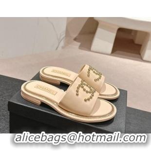 Best Price Chanel Calfskin Flat Slides Sandal with Stud CC Beige 722048