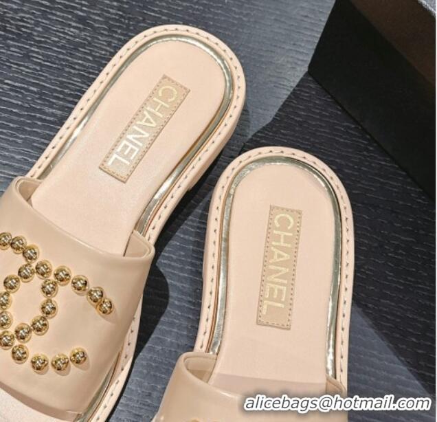 Best Price Chanel Calfskin Flat Slides Sandal with Stud CC Beige 722048