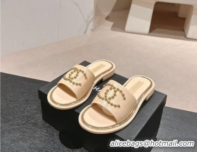 Best Price Chanel Calfskin Flat Slides Sandal with Stud CC Beige 722048