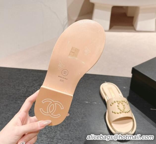 Best Price Chanel Calfskin Flat Slides Sandal with Stud CC Beige 722048